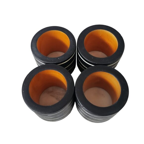 Vintage Thick Wooden Round Napkin Rings Black with White Stripes Set of 4 MCM - Picture 4 of 5